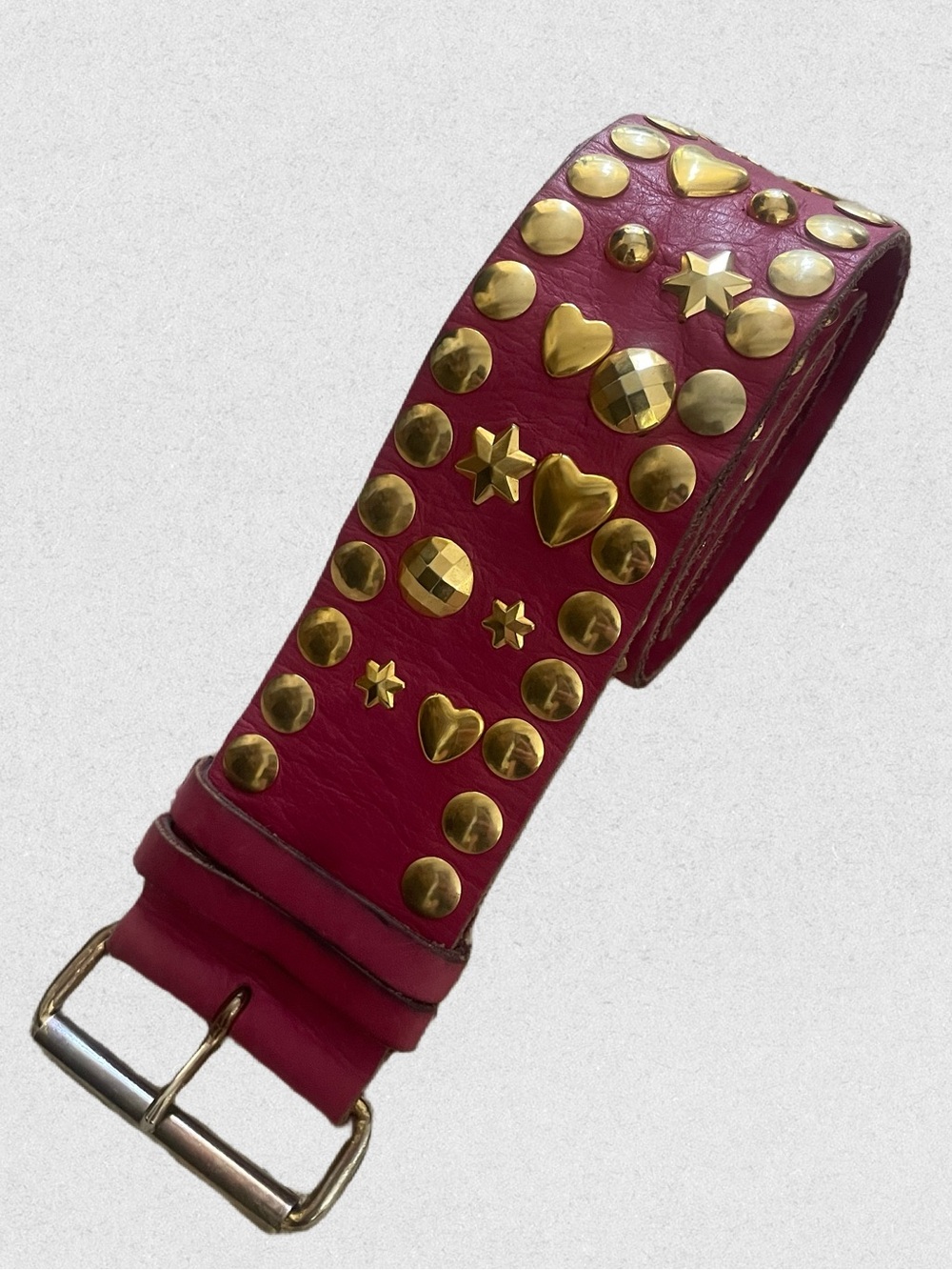 90s Sonia Rykiel Paris Studded Pink Leather Waist Belt with Gold Accents